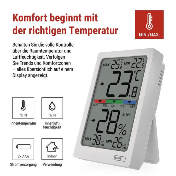 Emos Digitales Thermometer für Innenraum mit Hygrometer E0558