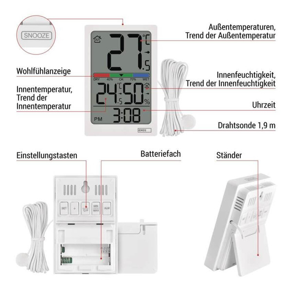Emos Digitales Thermometer mit Hygrometer kabelgebundener Sensor Quarzuhr E0558P