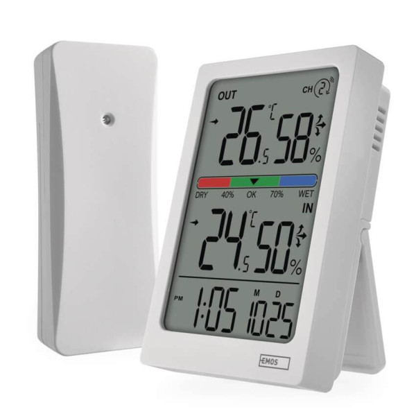 Emos Digitales Thermometer mit Hygrometer Funk-Sensor Wecker Datum 100m Reichweite E0558W