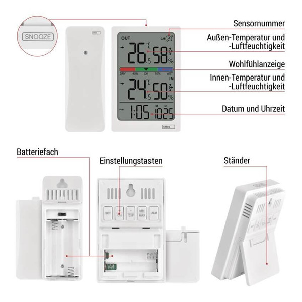 Emos Digitales Thermometer mit Hygrometer Funk-Sensor Wecker Datum 100m Reichweite E0558W