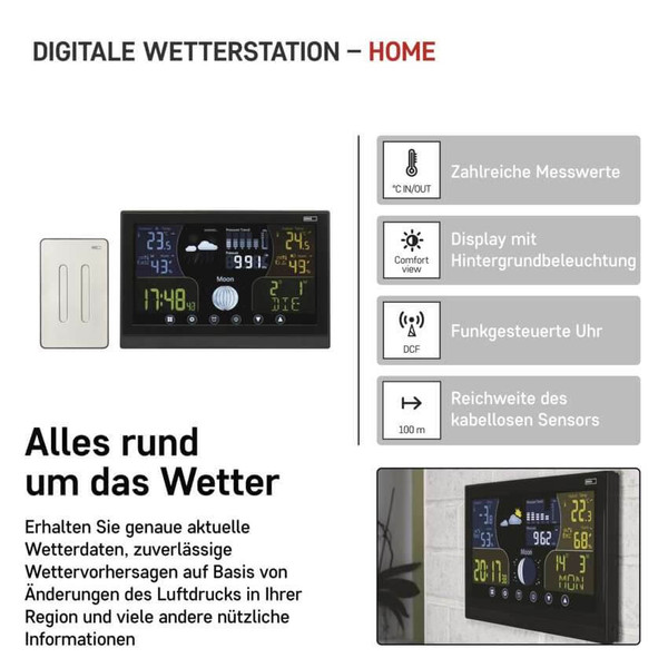 Emos Wetterstation mit Barometer Mondphase Funkuhr bis 100m E6018