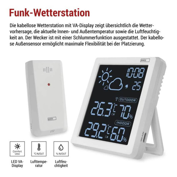 Emos Wetterstation mit Quarzuhr USB-C bis 50m E8647W