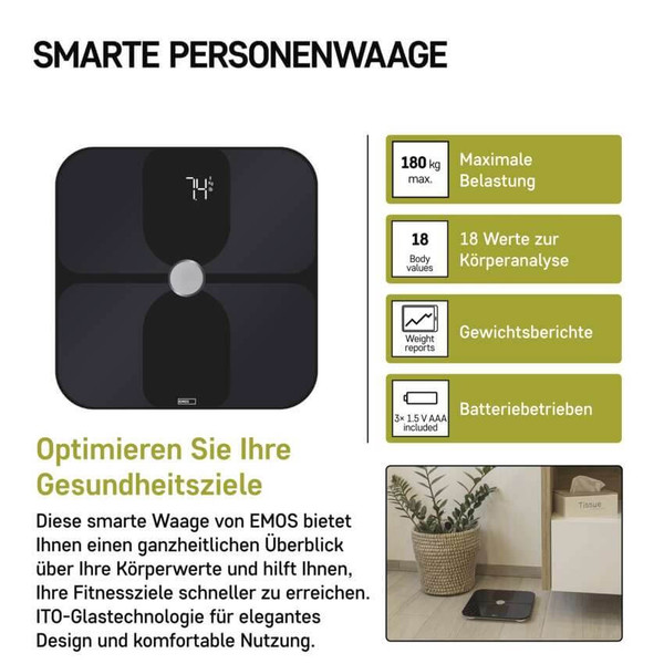 Emos Personenwaage GoSmart Bluetooth 180kg BMI 10 Nutzer EV112