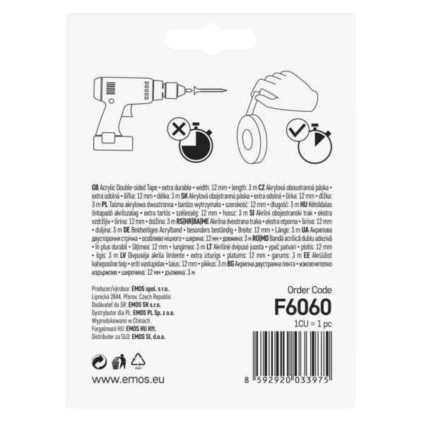 Emos Doppelseitiges Klebeband Acryl 12mm 3m Transparent F6060