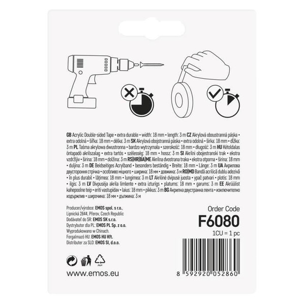 Emos Doppelseitiges Klebeband Acryl 18mm 3m Transparent F6080