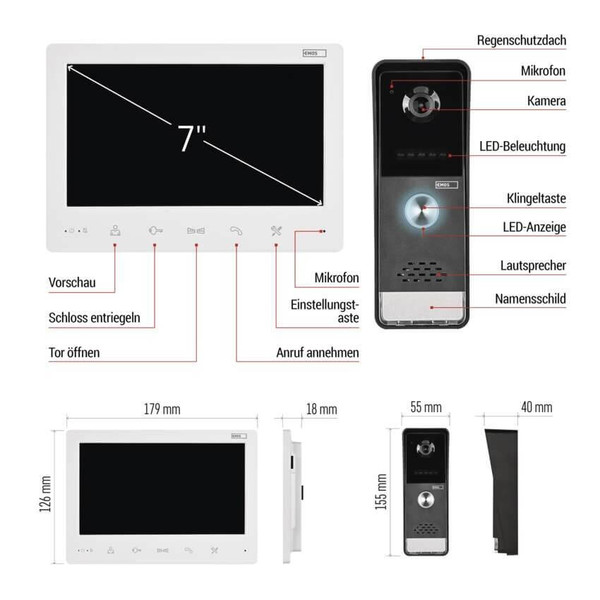 Emos Video-Türsprechanlage EM-LS07HD Set 7 Zoll 16 Melodien Weiß H2020
