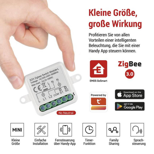 Emos GoSmart Schaltermodul IP-2104SZ ZigBee 2-Kanal ohne N-Draht H5104