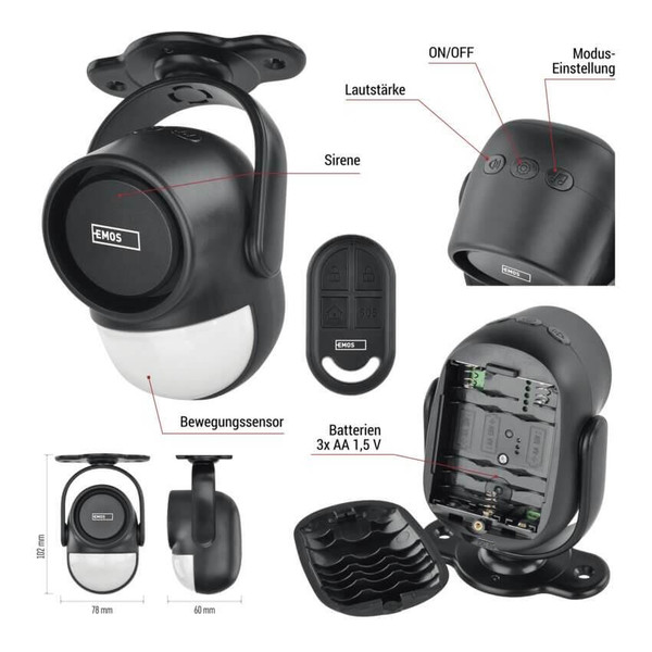 Emos Bewegungsalarm EM-125L PROTECTOR PIR RF Schwarz H8106
