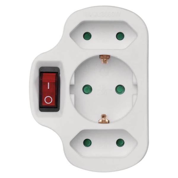 Emos Steckdosenadapter 2x Euro+1x Schutzkontakt mit Schalter Weiß P00282