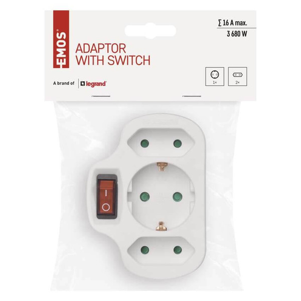 Emos Steckdosenadapter 2x Euro+1x Schutzkontakt mit Schalter Weiß P00282