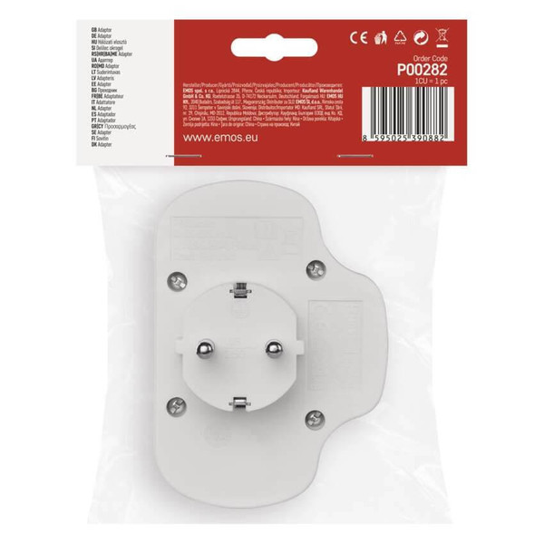 Emos Steckdosenadapter 2x Euro+1x Schutzkontakt mit Schalter Weiß P00282