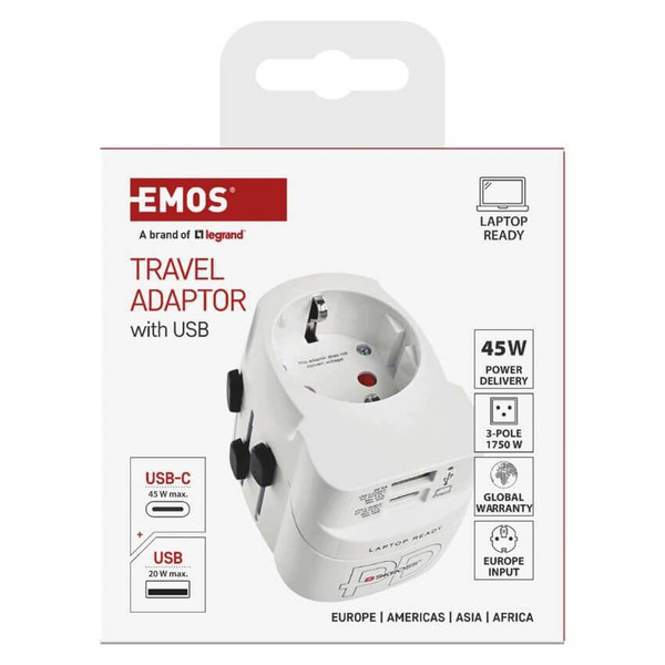 Emos Reiseadapter für Europäer weltweit USB-A+USB-C 24W Weiß P0056U