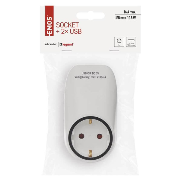 Emos Steckdosenadapter 1-fach mit 2xUSB Weiß P0072