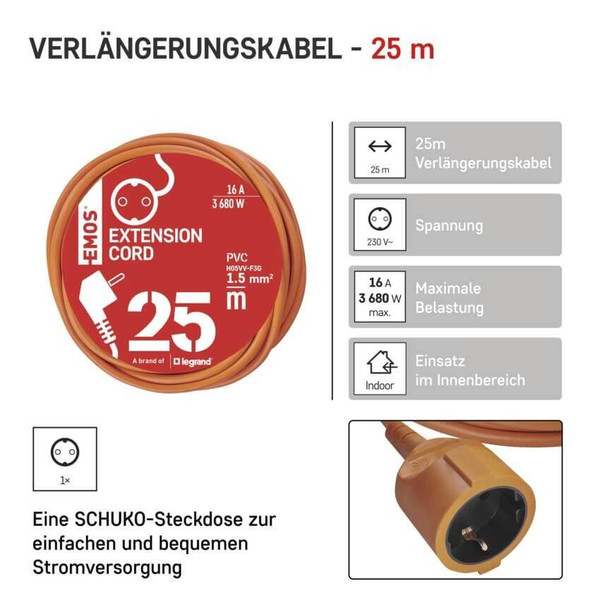 Emos Verlängerungskabel Außen 25m 1,5mm² Orange PVC P01225R