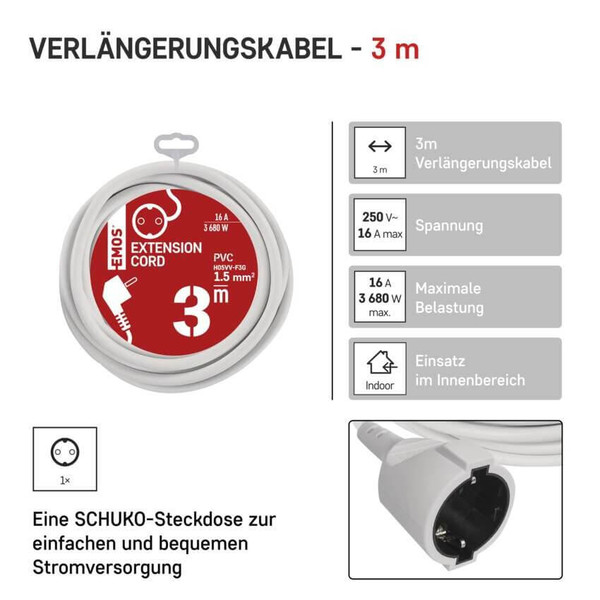 Emos Verlängerungskabel 3m 1,5mm² Weiß PVC P0123R