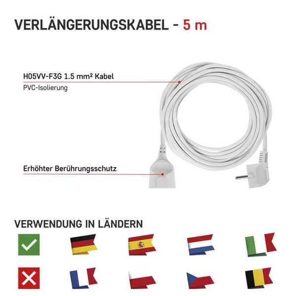 Emos Verlängerungskabel 5m 1,5mm² Weiß PVC P0125R