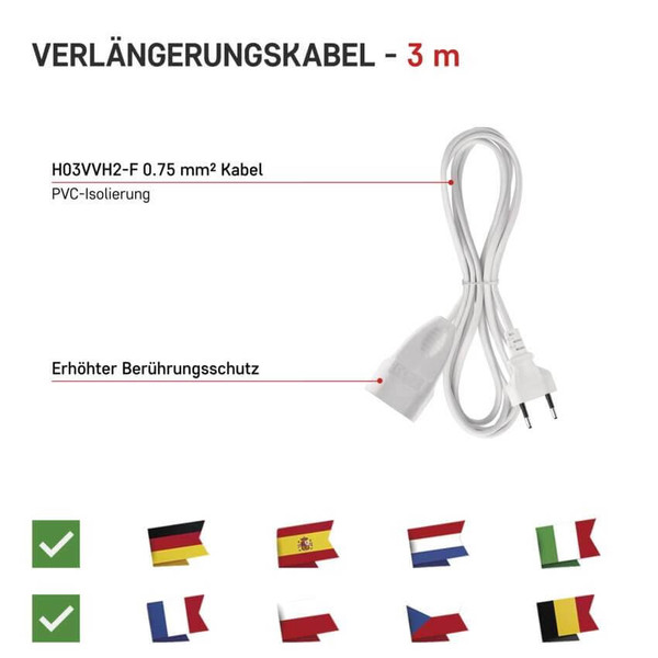 Emos Verlängerungskabel Typ E 3m 2,5A Weiß P01303