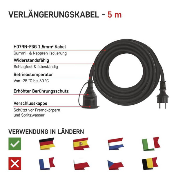 Emos Verlängerungskabel Außen 5m 1,5mm² Schwarz Gummi IP44 P01805