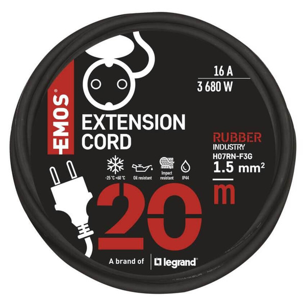 Emos Verlängerungskabel Außen 20m 1,5mm² Schwarz Gummi IP44 P01820