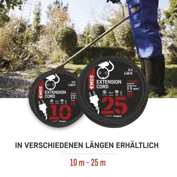 Emos Verlängerungskabel Außen 25m 2,5mm² Schwarz Gummi IP44 P01825R