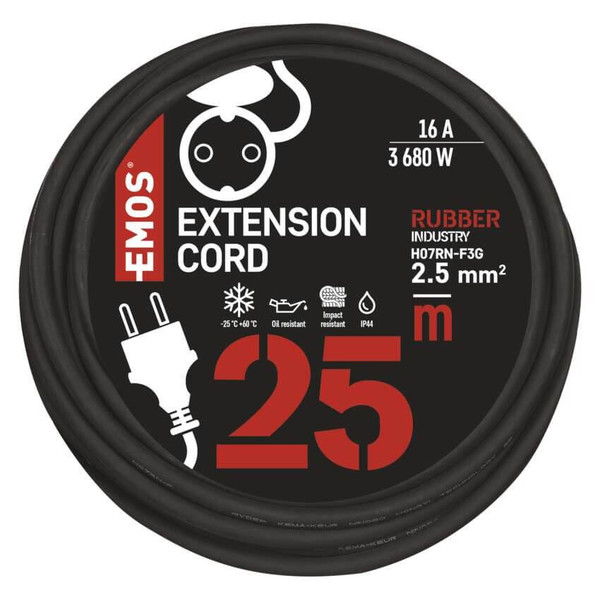 Emos Verlängerungskabel Außen 25m 2,5mm² Schwarz Gummi IP44 P01825R
