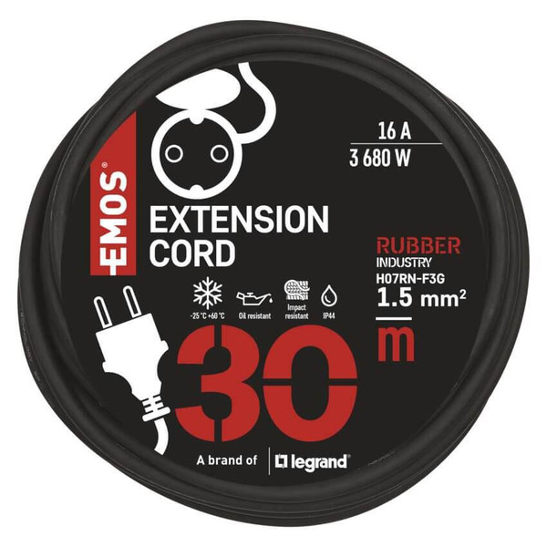 Emos Verlängerungskabel Außen 30m 1,5mm² Schwarz Gummi IP44 P01830