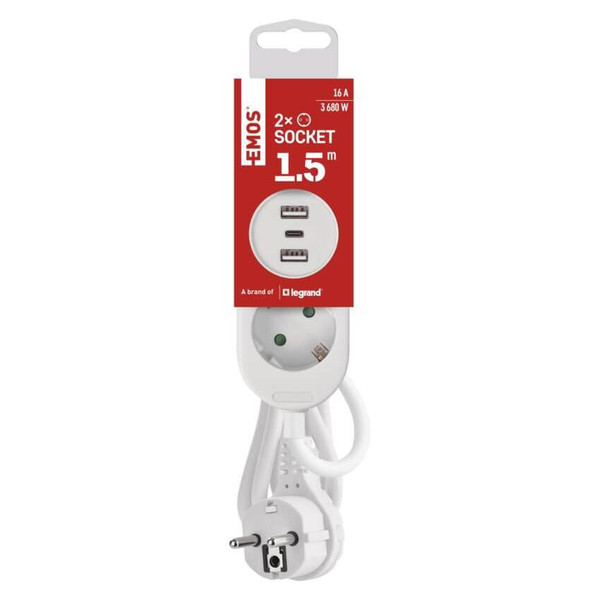 Emos Verlängerungskabel 2-fach 2xUSB-A+1xUSB-C 1,5m Weiß P0221U
