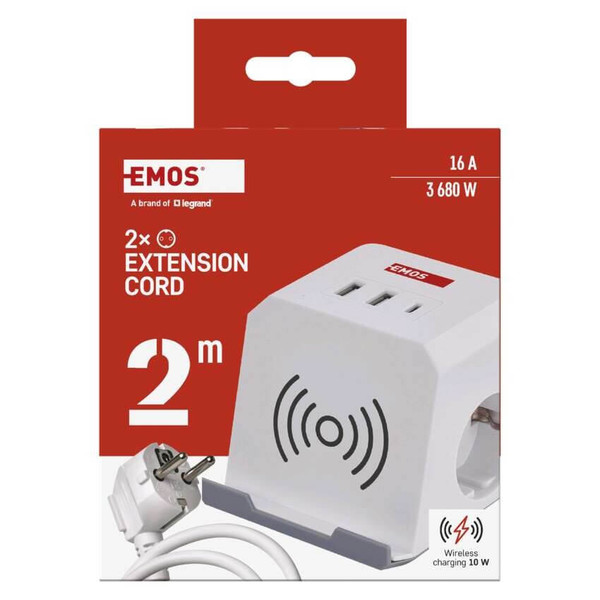 Emos Verlängerungskabel Würfel 2-fach 2xUSB-A+1xUSB-C+Qi 2m Weiß P0222CQ
