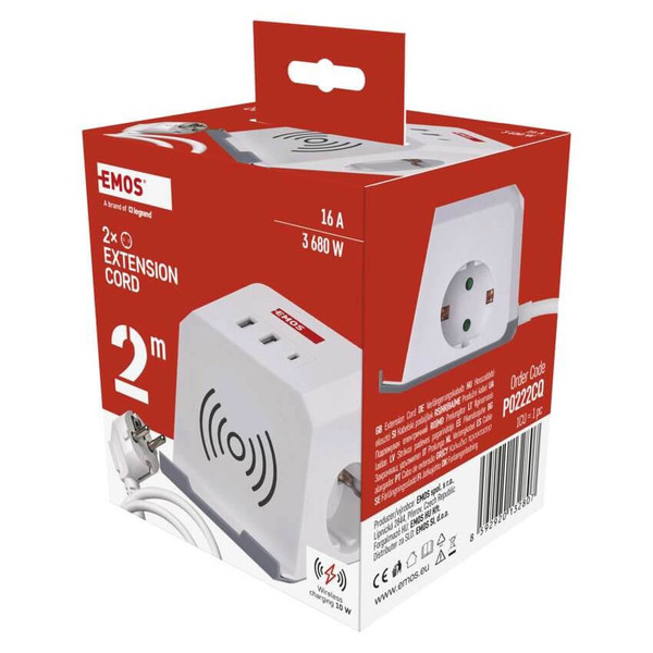Emos Verlängerungskabel Würfel 2-fach 2xUSB-A+1xUSB-C+Qi 2m Weiß P0222CQ