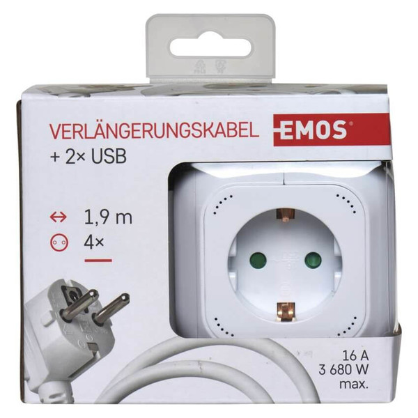 Emos Steckdosenleiste Würfel 4-fach 2xUSB 1,9m Weiß P04219GU