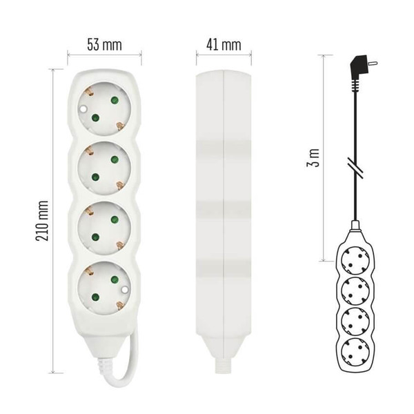 Emos Verlängerungskabel 4-fach 3m Weiß PVC P0423R