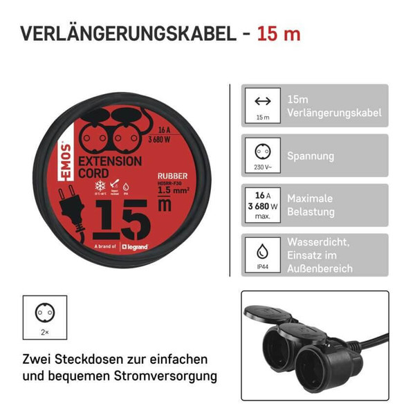 Emos Verlängerungskabel Außen 15m 2-fach 1,5mm² Schwarz Gummi IP44 P0702