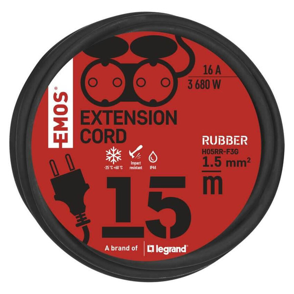 Emos Verlängerungskabel Außen 15m 2-fach 1,5mm² Schwarz Gummi IP44 P0702