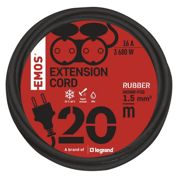 Emos Verlängerungskabel Außen 20m 2-fach 1,5mm² Schwarz Gummi IP44 P0703