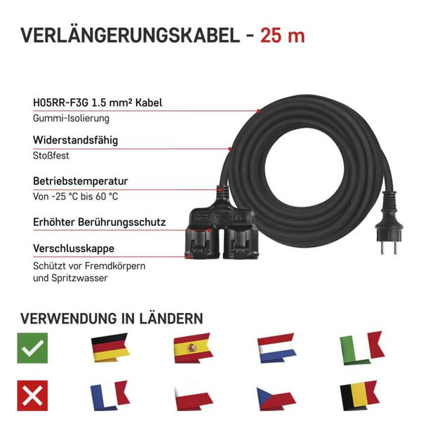 Emos Verlängerungskabel Außen 25m 2-fach 1,5mm² Schwarz Gummi IP44 P0704