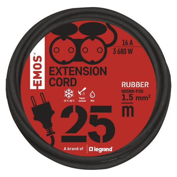 Emos Verlängerungskabel Außen 25m 2-fach 1,5mm² Schwarz Gummi IP44 P0704