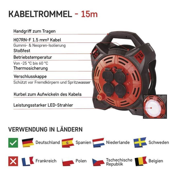 Emos Kabeltrommel LED-Strahler 4-fach 15m 1,5mm² Gummi P08215