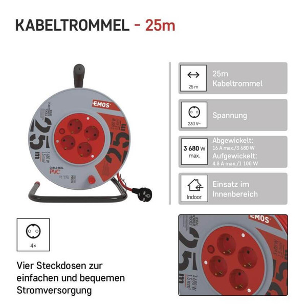 Emos Kabeltrommel 4-fach 25m 1,5mm² PVC P09225