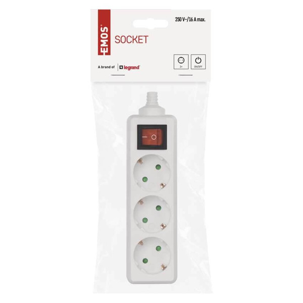 Emos Steckdosenadapter 3-fach ohne Kabel mit Schalter Weiß P1320