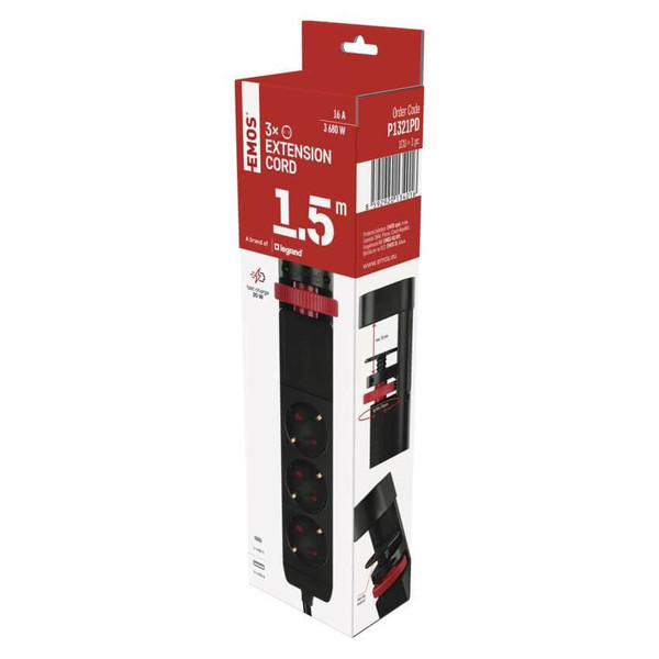 Emos Steckdosenleiste 3-fach mit Schalter Schreibtischmontage USB-C PD 1,5m Schwarz P1321PD