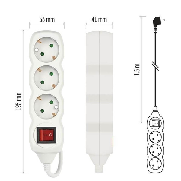 Emos Steckdosenleiste 3-fach mit Schalter 1,5m Weiß PVC P1321R