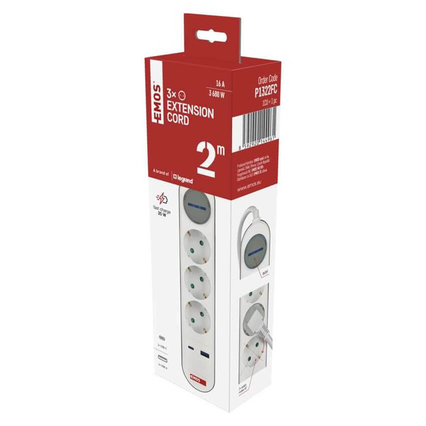 Emos Verlängerungskabel 3-fach mit Schalter USB-A+USB-C Schnellladen 2m P1322FC