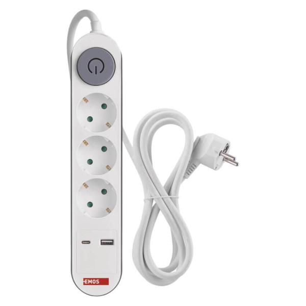 Emos Steckdosenleiste 3-fach mit Schalter USB-A+USB-C PD 2m Weiß P1322PD