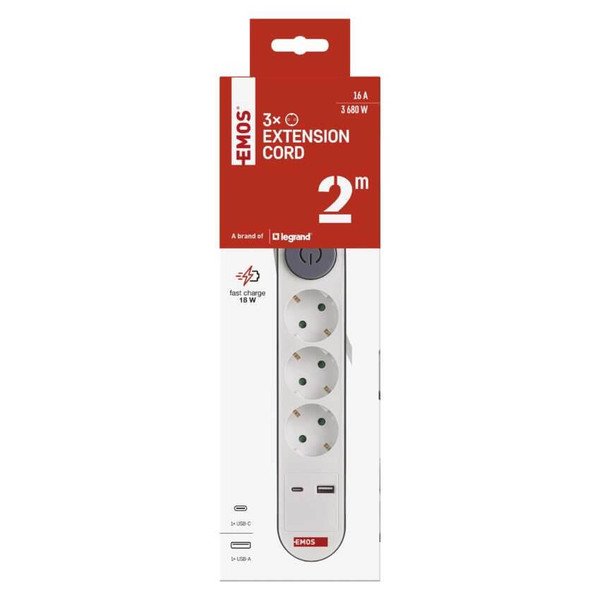Emos Steckdosenleiste 3-fach mit Schalter USB-A+USB-C PD 2m Weiß P1322PD