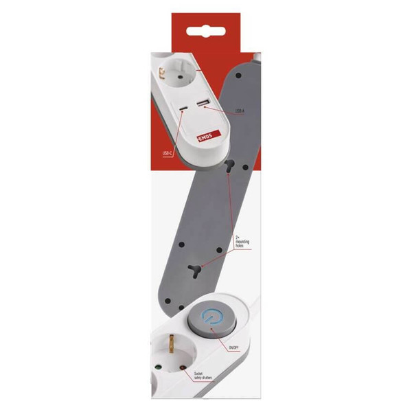 Emos Steckdosenleiste 3-fach mit Schalter USB-A+USB-C PD 2m Weiß P1322PD
