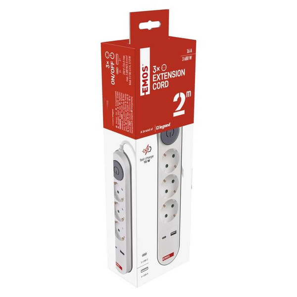Emos Steckdosenleiste 3-fach mit Schalter USB-A+USB-C PD 2m Weiß P1322PD