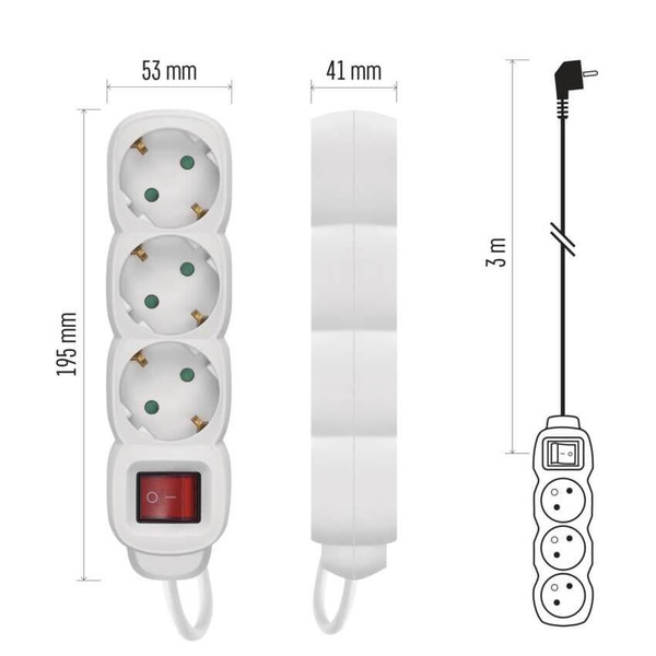 Emos Steckdosenleiste 3-fach mit Schalter 3m Weiß PVC P1323R
