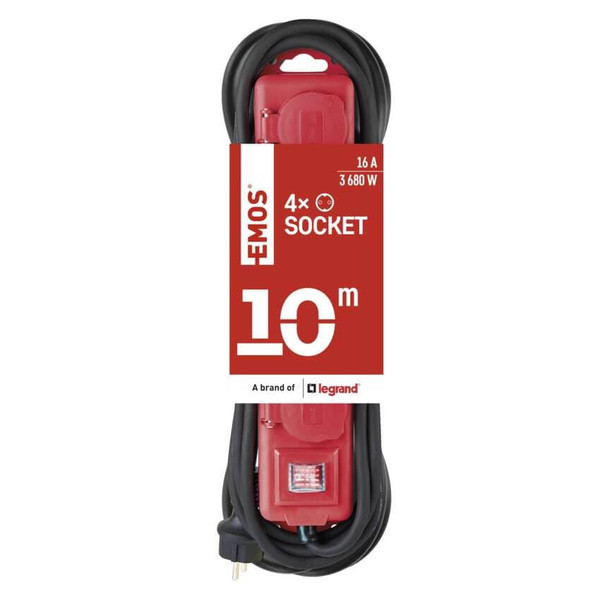 Emos Steckdosenleiste 4-fach mit Schalter 10m IP44 Schwarz Rot Gummi P14201