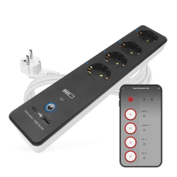 Emos Verlängerungskabel GoSmart 4-fach WiFi USB-C 2m Weiß-Schwarz P1422SM