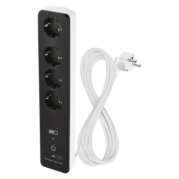 Emos Verlängerungskabel GoSmart 4-fach WiFi USB-C 2m Weiß-Schwarz P1422SM